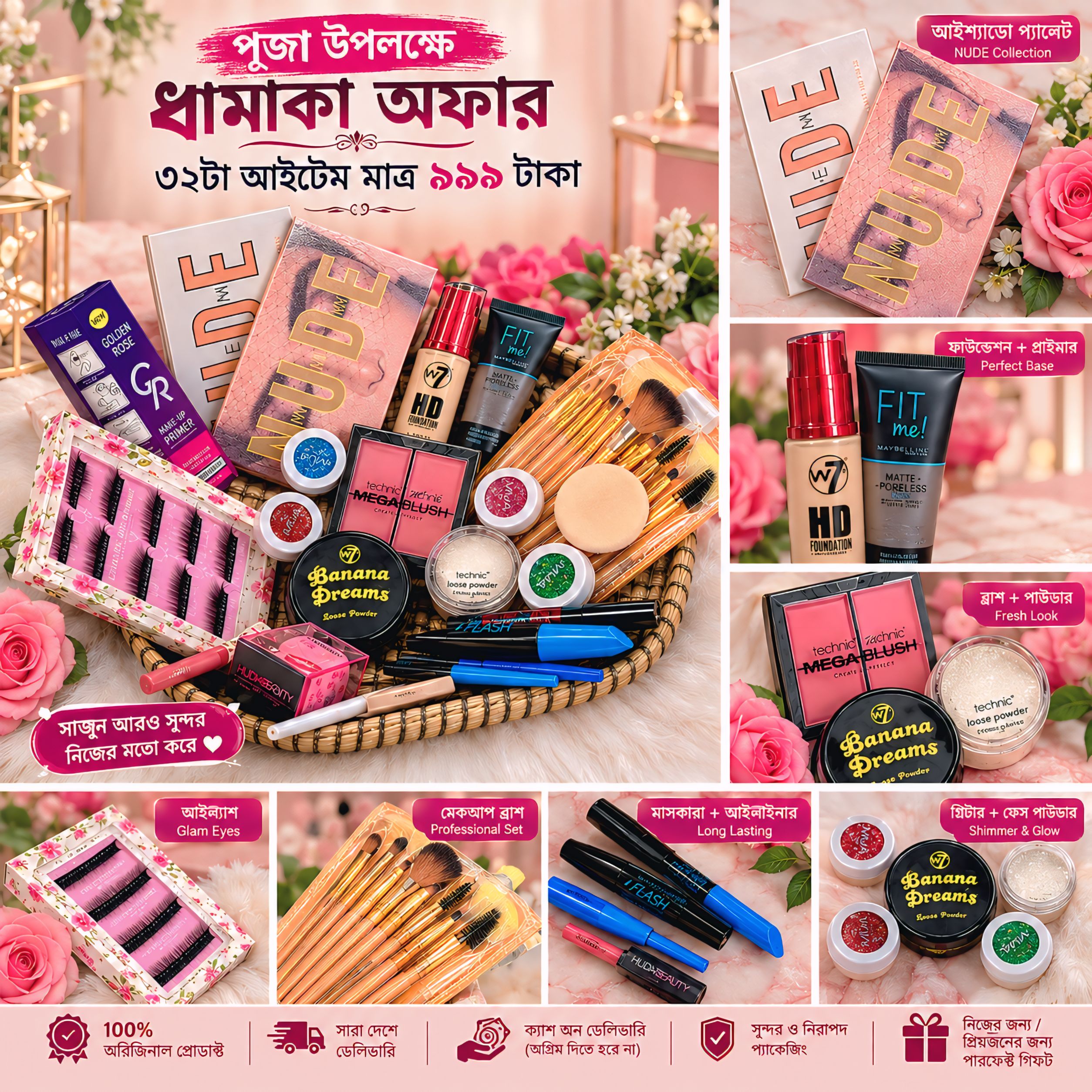 পূজা স্পেশাল ৩২ পিস মেকআপ কম্বো ৯৯৯ টাকা সাথে হাইলাইটার গিফট